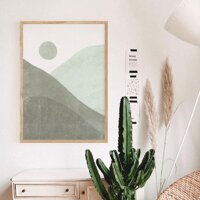 Tranh treo tường  Tranh trừu tượng - Sage green mountain sun art print, boho sunrise - 40x60,Bạc composite