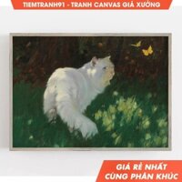 Tranh treo tường, White Cat Print, Vintage Art, Cat and Butterflies, Cat Wall Art, Farmhouse Wall, tặng kèm đinh treo.
