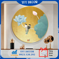 Tranh tròn hoa sen nền vàng sang trọng I Tranh canvas treo tường phòng khách, decor tượng phật, góc an nhiên có khung