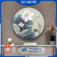 Tranh tròn hoa sen nghệ thuật thiền tối giản I Tranh Canvas cổ điển decor góc an nhiên sau tượng phật đã có khung và móc