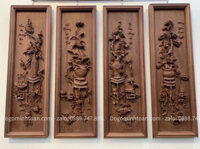 Tranh tứ bình gỗ gụ mật hàng đục tay kỹ 35 x 115 dày 5p
