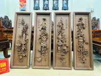 tranh tứ bình gỗ gụ mật hàng đục tay kỹ dày 6p
