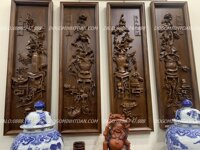 Tranh Tứ Bình Gỗ Gụ Mật Kênh Bong 5p 37×117 Hàng Đục Tay Kỹ