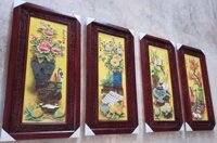 Tranh Tứ Bình men sứ vàng kích thước 95x45cm đắp nổi khung gỗ gụ | Quà Tặng Bố tranh tứ bình