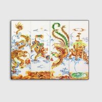 Tranh tứ quý Long Lân Quy Phụng, chất liệu gỗ in tráng gương bọc viền
