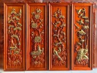 Tranh tứ quý tùng cúc trúc mai gỗ hương đỏ dát vàng 117x37x4cm