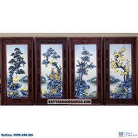 Tranh Tứ quý Tùng Cúc Trúc Mai dát vàng khung gỗ gụ