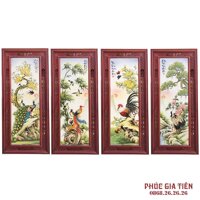Tranh tứ quý Tùng - Cúc - Trúc - Mai khung gỗ hương, cao 117cm rộng 52cm