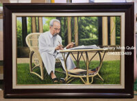 Tranh vẽ sơn dầu- bác Hồ ngồi làm việc trong vườn hoa phủ chủ tịch-S147