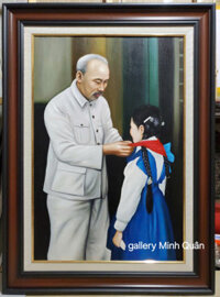 Tranh vẽ sơn dầu- Bác Hồ quàng khăn đỏ cho thiếu nhi – S230