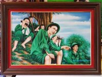 Tranh vẽ sơn dầu bác Hồ thăm bộ đội thông tin-S257