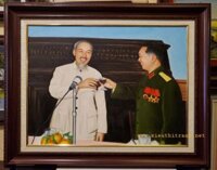 Tranh vẽ sơn dầu – Đại tướng Võ Nguyên Giáp chúc mừng bác Hồ -S270