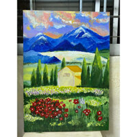 Tranh vẽ tay màu acrylic nền canvas - Miền quê châu Âu