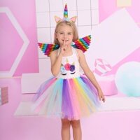 Trẻ Em Bé Gái Anime Hoạt Hình Kỳ Lân Lưới Cầu Vồng Tutu Đầm Cánh Mũ Bộ Trẻ Em Halloween Trang Phục Hóa Trang Trẻ Em Giả Vờ Công Chúa Đảng Vai Trò Chơi Trang Phục