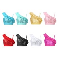 Trẻ Em Bé Gái Bất Đối Xứng Dây Đeo Vai Không Tay Sequin Ruffle Chi Tiết Trên Đầu Đàn Hồi Đáy Ban Nhạc Khiêu Vũ Hiệu Suất Hàng Đầu Crop Top