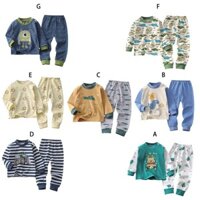 Trẻ em bé trai bé gái in hoạt hình cổ tròn cotton dài tay áo thun và quần bộ đồ ngủ hai mảnh
