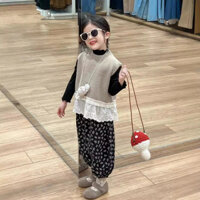 Trẻ em Bộ đồ thường ngày mùa thu cho bé gái Áo len ren Hàn Quốc + Áo sơ mi đáy + Bộ đồ quần cà rốt