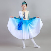 Trẻ Em Cổ Điển Khiêu Vũ Trang Phục A Dahe Vũ Nguồn Xanh Hiệu Suất Trang Phục Quạt Gradient Gạc Khăn Lụa Dài