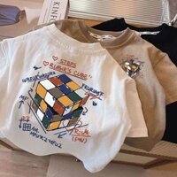 Trẻ Em Cotton Tay Ngắn 2025 Mùa Hè Mới Teen Rubik 's Cube In Hình Cổ Tròn Kid Boy Girl Áo Thun Thường Ngày 1-10 Tuổi