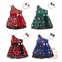 Trẻ Em Phong Cách Giáng Sinh Mùa Hè Bé Gái Tay Nửa Vai Rò Rỉ Xương Vai + Băng Đô Quấn Tóc Váy Trẻ Em