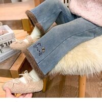 Trẻ Em Phong Cách Mới Quần Thu Đông 2024 Lông Cừu Lót Thêu Mèo Con Bé Gái Một Mảnh Quần Jean Thời Trang Cho Bé Dày Chân Quần