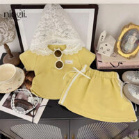 Trẻ Em Quần Áo Bé Gái Xuân Hè Phong Cách Mới Mũ Ren Thời Trang Nơ Ngọt Phô Mai Màu Vàng Tay Ngắn Váy Phù Hợp Với