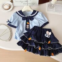 Trẻ Em Quần Áo Trẻ Em Mùa Hè Phong Cách Mới Bé Gái Tay Ngắn Phù Hợp Với Phong Cách Preppy Thỏ Sĩ Quan Cảnh Sát Áo Sơ Mi Bánh Váy Váy Bộ Đồ Hai Mảnh