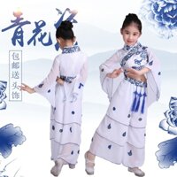 Trẻ em trang phục sứ trắng xanh cô gái trang phục múa yangko cổ điển trẻ em guzheng người hâm mộ đệm múa trang phục biểu diễn nữ 8.17