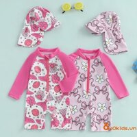 Trẻ mới biết đi Bé gái Rash Guard Đồ bơi Đồ chơi dài tay Nơ hoa / Vỏ nàng tiên cá In hình đuôi Bộ đồ tắm trẻ em có mũ bơi