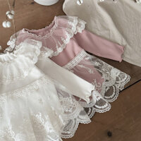 Trẻ sơ sinh mùa xuân và mùa thu lớn ren lưới cổ áo mỏng lỗ dài tay Romper bé gái Tạp dề ren MMHN