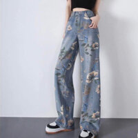 (Trend 2023) Bigsize Quần bò ống suông nữ, quần jean ống rộng nữ hoạ tiết in hoa nổi bật