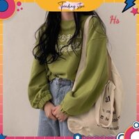 [Trending Store Z] Áo Croptop ,Nỉ Nữ Dài Tay Xanh, Dáng Lỡ In Chữ GREANN dưới 60kg G061