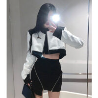 Trendy Two-Piece Set Half Skirt Motorcycle Jacket Zipper Short Leather Jacket Color-Block Coat Women Spring Small Fragrance Style Leather Jacket V6TC