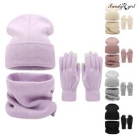 Trendygirl 3 Cái / bộ Nữ Mùa Đông Ấm Áp Mũ Đan Găng Tay Bộ Khăn Lông Cừu Lót Màn Hình Cảm Ứng Hai Lớp Mũ Nhiệt Cổ Quấn Bộ Găng Tay