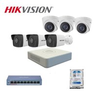 Trọn bộ 6 camera IP bán cầu và thân trụ Hikvision. Đầu ghi 8 kênh DS-7108NI-Q1, chuẩn nét HD xem lại đước 20 ngày - Hàng Chính Hãng