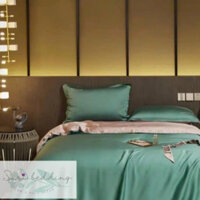 Trọn bộ chăn ga gối Lụa Silk Suribedding Hàng loại 1 cao cấp, Màu xanh matcha mix hồng phấn(Đật may)