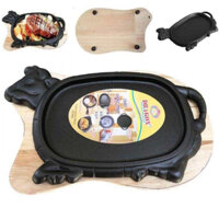 Trọn bộ Chảo Gang Làm Bò Bít Tết Chống Dính Cao Cấp Dragon Vạn Lợi Đầu bò kèm đế lót gỗ , an toàn