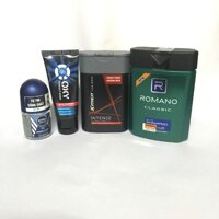 Trọn bộ dành cho nam giới 4 món gồm: 1 Chai dầu gội Romano 100g/Chai + 1 Chai sữa tắm Xmen 85ml/Chai + 1 Chai lăn khử mùi Nivea for men 12ml/chai + Tặng 1 Tuýp rửa mặt Oxy 25g/tuýp