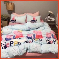 Trọn Bộ Ga Giường Chần Bông Cotton Đũi Heo Peppa  M6*2M-M8*2M((1 Chăn Phao, 1 Ga, 2 Vỏ Gối Đầu, 1 Vỏ Gối Ôm)