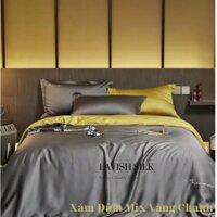 Tron Bộ Ga Gối Lụa Kèm Chăn Sẵn Ruột Tặng Bộ Quà Tặng Lavish Silk Cao Câp - Xám Đậm Mix Vàng Chanh - 1M6X2MX30CM