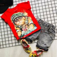 Trọn bộ: quần jean đen cotton wax bạc, áo thun cotton 4c