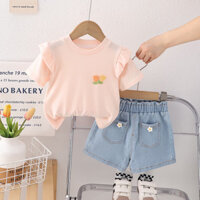 [Trong kho, giao hàng miễn phí] Bộ đồ hai mảnh tay ngắn mùa hè cho bé gái 2024, trang phục mùa hè mới cho trẻ sơ sinh, bé gái 0-5 tuổi