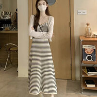 [Trong kho, giao hàng miễn phí] Đầm dây đeo vai dệt kim sọc 2023 mới cho phụ nữ, mùa hè, dáng rộng, phong cách lười biếng, đầm tank dài thoải mái