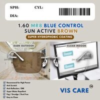 Tròng kính Đổi màu Nâu Lọc ánh sáng xanh Chống bể Mỏng 1.60 MR8 Vis Care Sun Active Brown AR Blue chính hãng