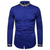 [Trong vòng 24 giờ✈】 Áo sơ mi nam Royal Blue Gold thêu thương hiệu Mandarin Collar Slim Fit Áo sơ mi dài tay nam dự tiệc Tiệc cưới Chemise có sẵn