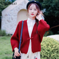 Trực TIẾP TUYỆT VỜI Vintage Phong Cách Trung Quốc Tấm Nút Len Đan Cardigan Bát Tay Áo Len Áo Khoác Ngắn