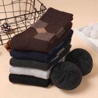 Trung Niên Người Cao Tuổi Tất Nam Terry Tất Lông Cừu Dày Sọc Retro Đơn Giản Thu Đông Giữa Ống Tất Ngủ Tất