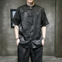 Trung Quốc Phong Cách Người Đàn Ông Tang Áo Sơ Mi Ngắn Tay Áo Mùa Hè Áo Sơ Mi Trung Quốc Phong Cách Người Đàn Ông Retro Đứng Cổ Áo Quần Áo Hàng Đầu