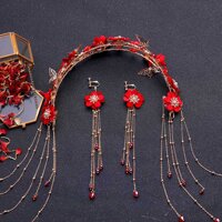 Trung Quốc Truyền Thống Vàng Hoa Đỏ Đầu Và Kẹp Bông Tai Phụ Kiện Tóc Cưới Cô Dâu Mũ Đội Đầu Tóc Trang Sức Handmade Tua Dài Dây Đeo Đầu bộ Bông Tai