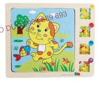 Truyện tranh gỗ ghép hình 4 lớp ghép hình 9-12-16 -20 mảnh Mèo đi câu cá